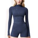 Blue Large Women's High Neck Long Sleeve Active Top with Subtle Pattern