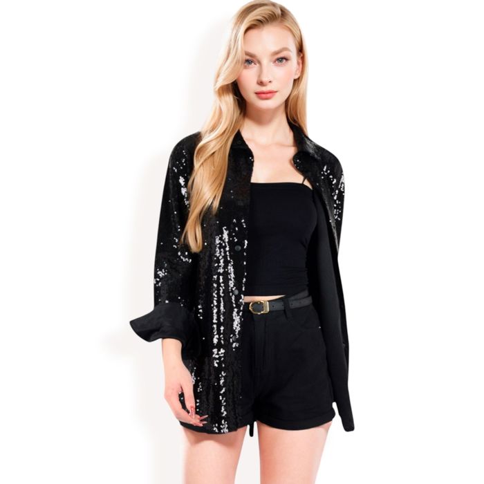 Women's Sequin Button-Down Shirt Dress with Long Sleeves