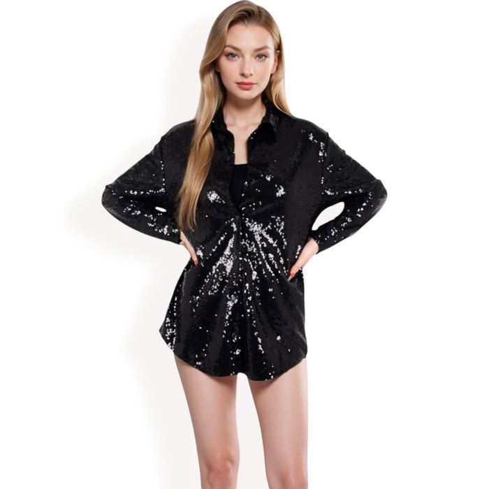 Women's Sequin Button-Down Shirt Dress with Long Sleeves