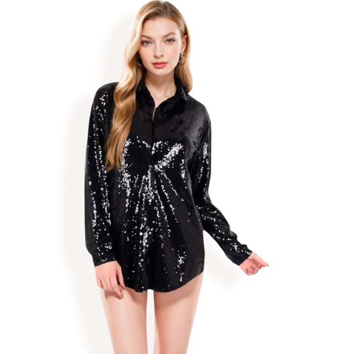 Women's Sequin Button-Down Shirt Dress with Long Sleeves