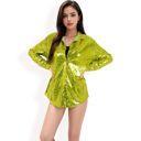 Green Large Women's Sequin Button-Down Shirt Dress with Long Sleeves