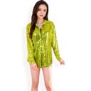 Green Large Women's Sequin Button-Down Shirt Dress with Long Sleeves