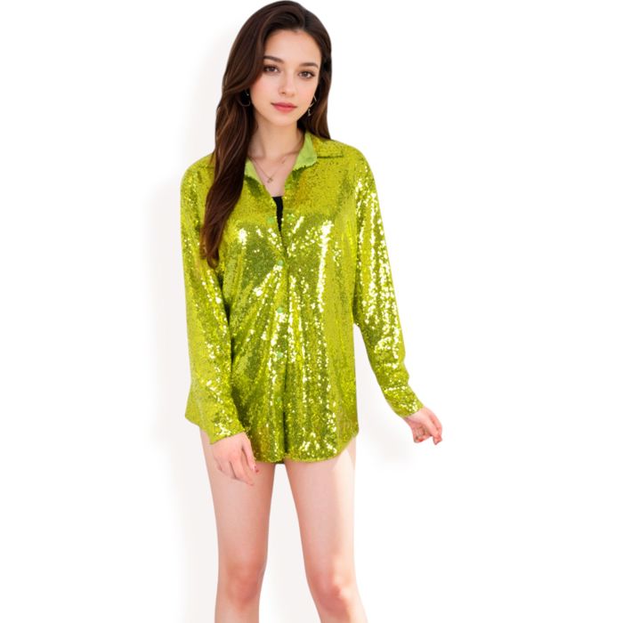 Women's Sequin Button-Down Shirt Dress with Long Sleeves