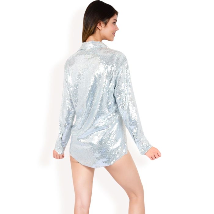 Women's Sequin Button-Down Shirt Dress with Long Sleeves