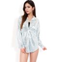 Silver Large Women's Sequin Button-Down Shirt Dress with Long Sleeves