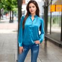 Blue Large Women's Velvet Long Sleeve Blouse with Ruffled Collar and Button Detail