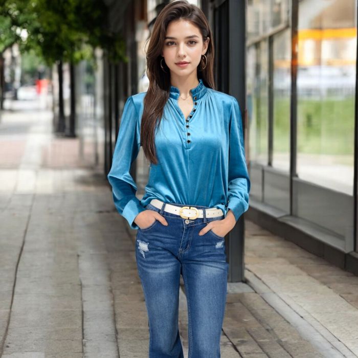 Women's Velvet Long Sleeve Blouse with Ruffled Collar and Button Detail