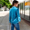 Blue Large Women's Velvet Long Sleeve Blouse with Ruffled Collar and Button Detail