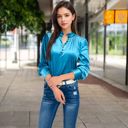 Blue Large Women's Velvet Long Sleeve Blouse with Ruffled Collar and Button Detail