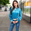 Blue Large Women's Velvet Long Sleeve Blouse with Ruffled Collar and Button Detail