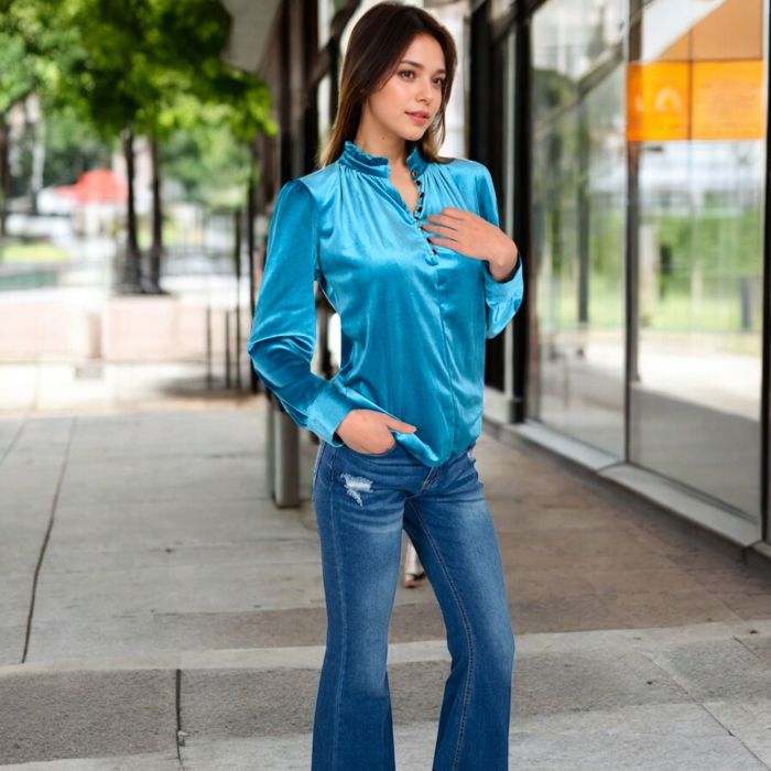 Women's Velvet Long Sleeve Blouse with Ruffled Collar and Button Detail