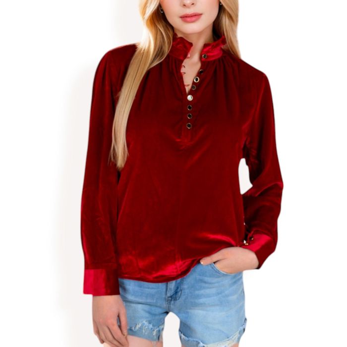 Women's Velvet Long Sleeve Blouse with Ruffled Collar and Button Detail