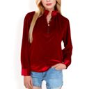 Red Large Women's Velvet Long Sleeve Blouse with Ruffled Collar and Button Detail