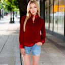 Red Large Women's Velvet Long Sleeve Blouse with Ruffled Collar and Button Detail