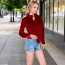 Red Large Women's Velvet Long Sleeve Blouse with Ruffled Collar and Button Detail