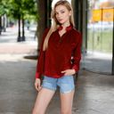 Red Large Women's Velvet Long Sleeve Blouse with Ruffled Collar and Button Detail