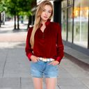 Red Large Women's Velvet Long Sleeve Blouse with Ruffled Collar and Button Detail