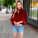 Red Large Women's Velvet Long Sleeve Blouse with Ruffled Collar and Button Detail