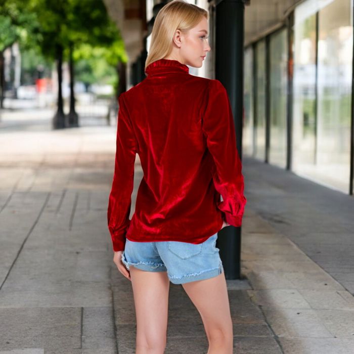 Women's Velvet Long Sleeve Blouse with Ruffled Collar and Button Detail