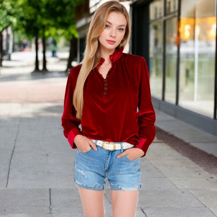 Women's Velvet Long Sleeve Blouse with Ruffled Collar and Button Detail