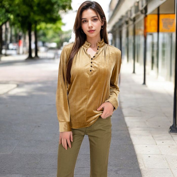 Women's Velvet Long Sleeve Blouse with Ruffled Collar and Button Detail