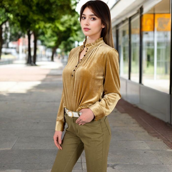 Women's Velvet Long Sleeve Blouse with Ruffled Collar and Button Detail