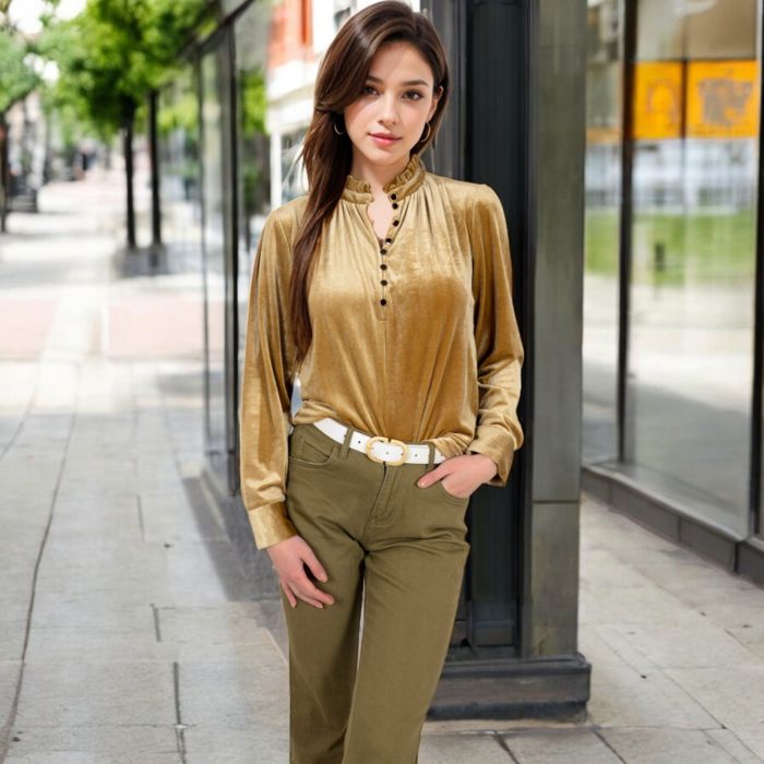 Women's Velvet Long Sleeve Blouse with Ruffled Collar and Button Detail