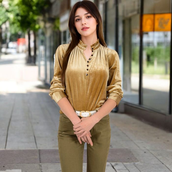 Women's Velvet Long Sleeve Blouse with Ruffled Collar and Button Detail