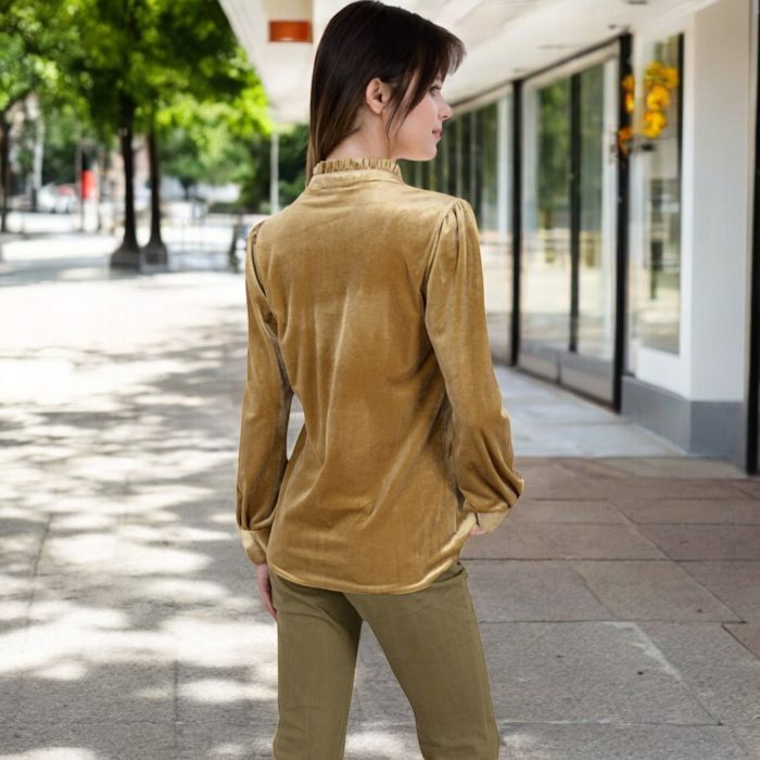 Women's Velvet Long Sleeve Blouse with Ruffled Collar and Button Detail