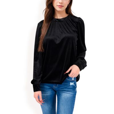 Women's Velvet Long Sleeve Top with Puff Shoulders