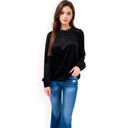 Black Large Women's Velvet Long Sleeve Top with Puff Shoulders