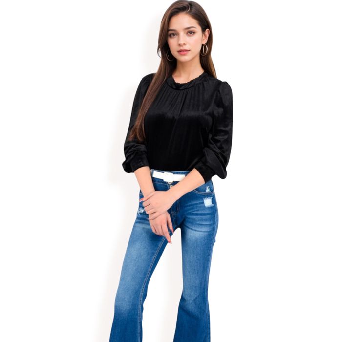 Women's Velvet Long Sleeve Top with Puff Shoulders