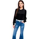 Black Large Women's Velvet Long Sleeve Top with Puff Shoulders