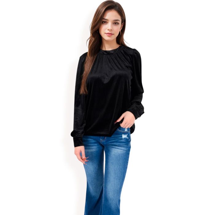 Women's Velvet Long Sleeve Top with Puff Shoulders