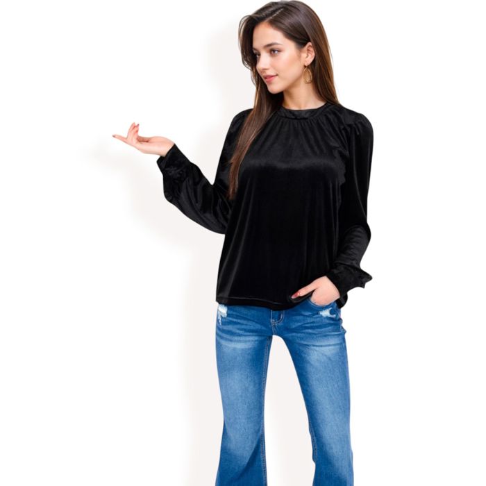 Women's Velvet Long Sleeve Top with Puff Shoulders