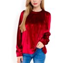 Red Large Women's Velvet Long Sleeve Top with Puff Shoulders