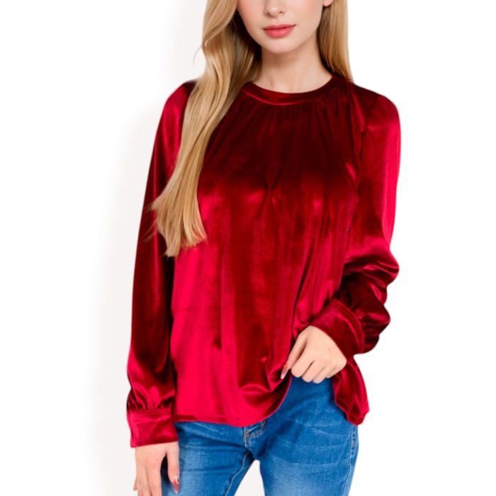 Women's Velvet Long Sleeve Top with Puff Shoulders