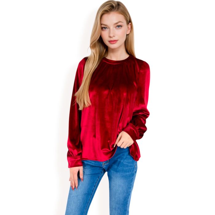 Women's Velvet Long Sleeve Top with Puff Shoulders