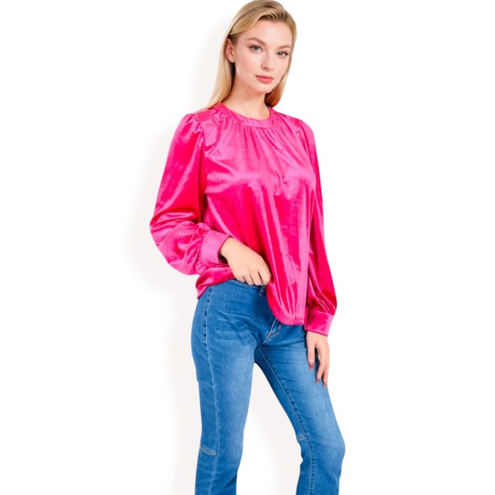 Women's Velvet Long Sleeve Top with Puff Shoulders