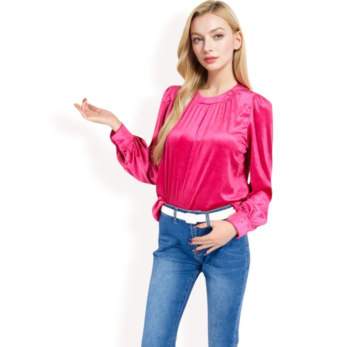 Women's Velvet Long Sleeve Top with Puff Shoulders