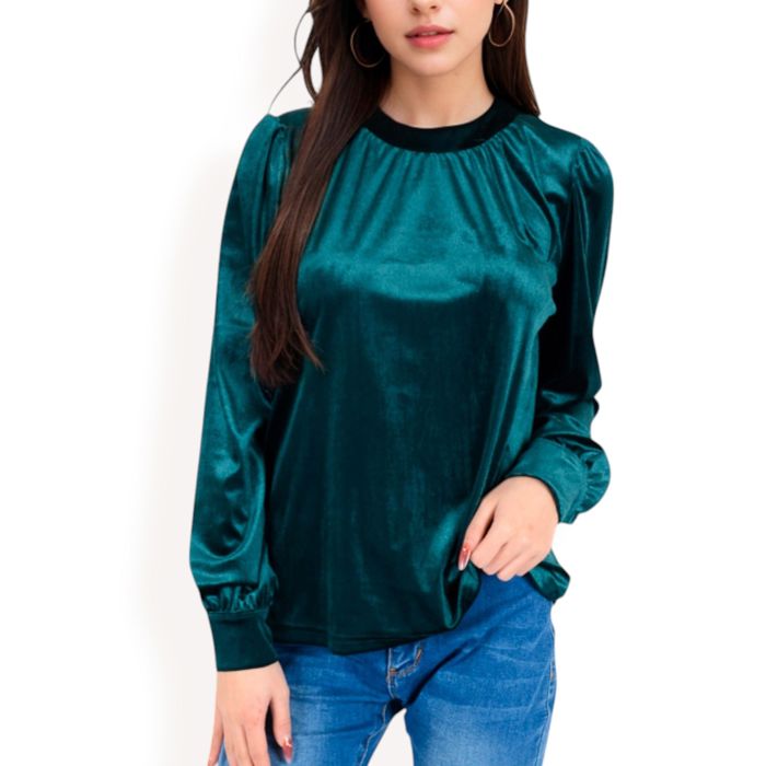 Women's Velvet Long Sleeve Top with Puff Shoulders