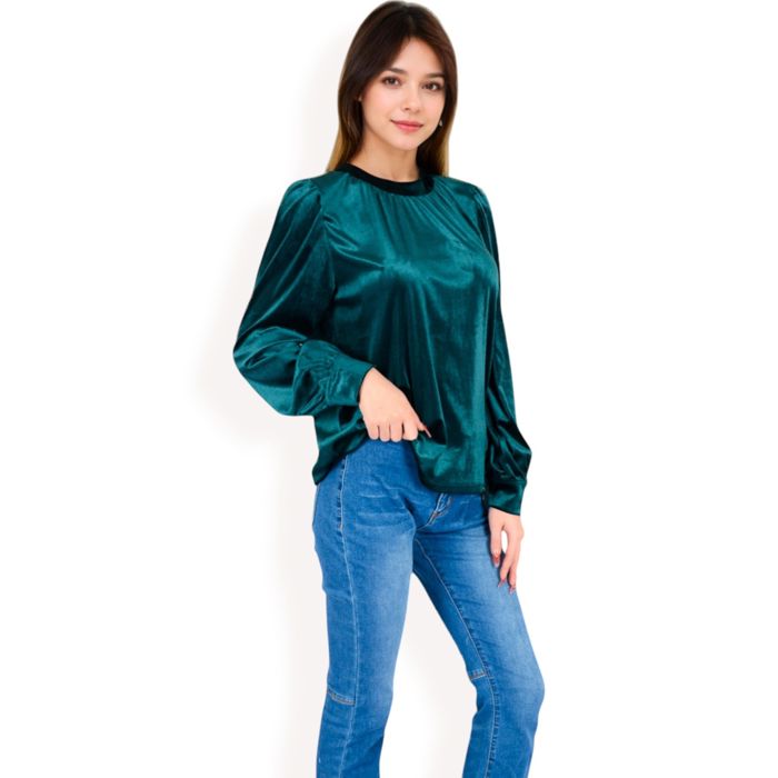 Women's Velvet Long Sleeve Top with Puff Shoulders