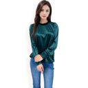 Green Large Women's Velvet Long Sleeve Top with Puff Shoulders