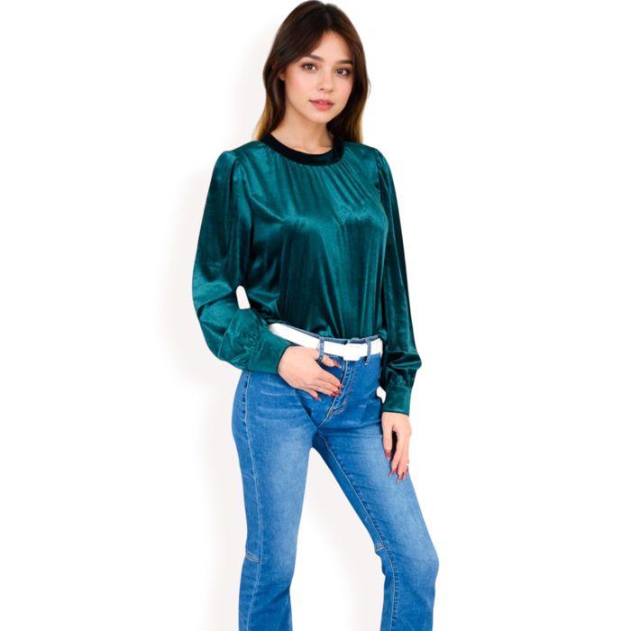 Women's Velvet Long Sleeve Top with Puff Shoulders