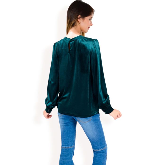 Women's Velvet Long Sleeve Top with Puff Shoulders