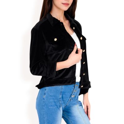 Women's Button-Up Velvet Jacket with Chest Pockets