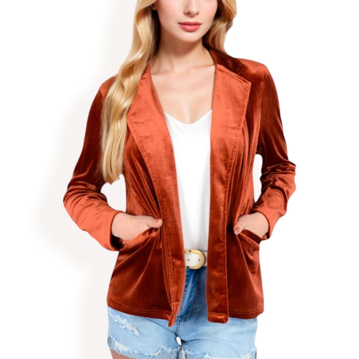 Women's Velvet Blazer With Notch Collar And Front Pockets