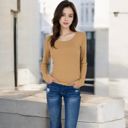 Brown Large Women's Long Sleeve Scoop Neck Stretch Knit Top