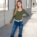 Green Large Women's Long Sleeve Scoop Neck Stretch Knit Top