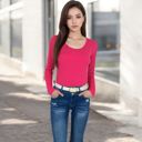 Pink Large Women's Long Sleeve Scoop Neck Stretch Knit Top